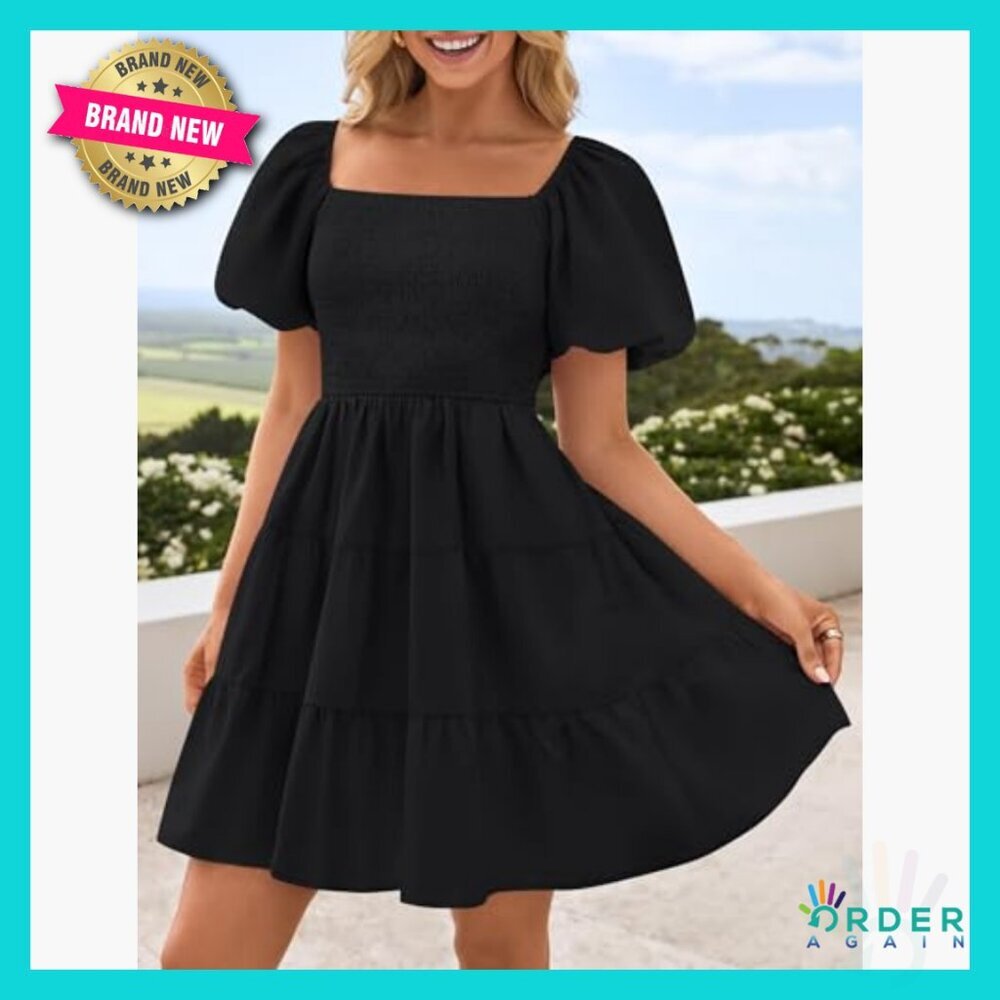 Boho Square Neck Puff Sleeve Off Shoulder Smocked Mini Dress Summer Casual - Picture 2 of 7